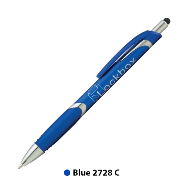 Metallic plunger-action ballpoint pen with device stylus.... from ASI 62088 IDProductsource