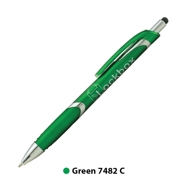Metallic plunger-action ballpoint pen with device stylus.... from ASI 62088 IDProductsource