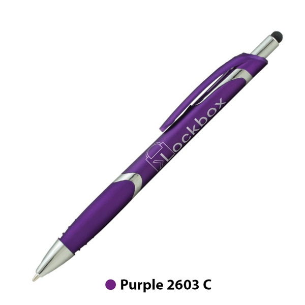 Metallic plunger-action ballpoint pen with device stylus.... from ASI 62088 IDProductsource