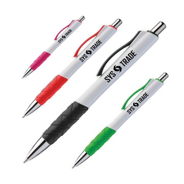 Plastic plunger action ballpoint pen with rubber grip, matching trim color... from ASI 62088 IDProductsource