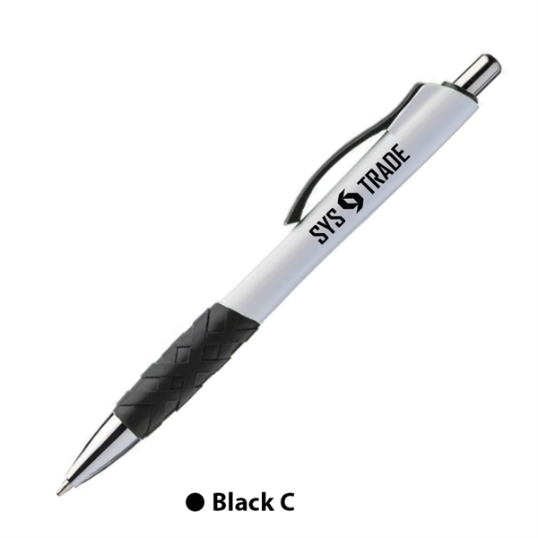 Plastic plunger action ballpoint pen with rubber grip, matching trim color... from ASI 62088 IDProductsource