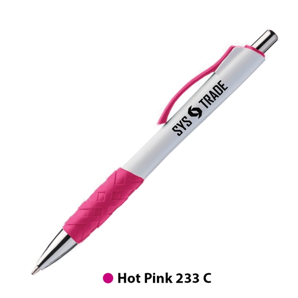 Plastic plunger action ballpoint pen with rubber grip, matching trim color... from ASI 62088 IDProductsource