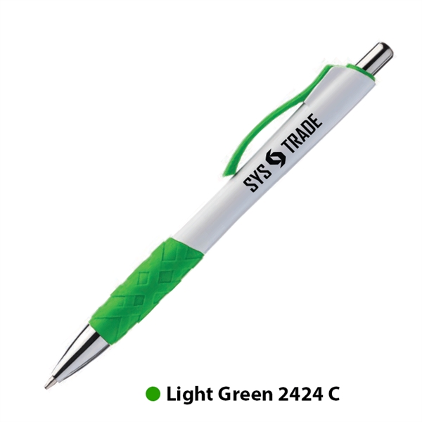 Plastic plunger action ballpoint pen with rubber grip, matching trim color... from ASI 62088 IDProductsource
