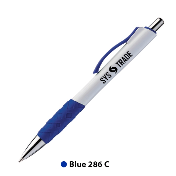 Plastic plunger action ballpoint pen with rubber grip, matching trim color... from ASI 62088 IDProductsource