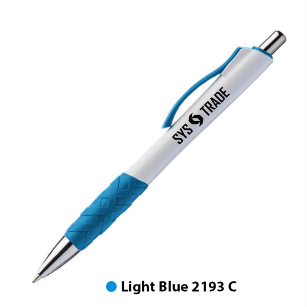 Plastic plunger action ballpoint pen with rubber grip, matching trim color... from ASI 62088 IDProductsource