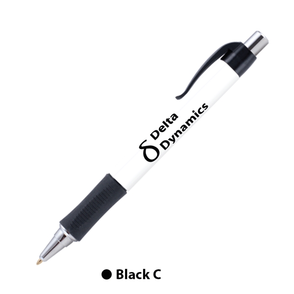 Plunger action plastic ballpoint pen with round design, textured grip and... from ASI 62088 IDProductsource