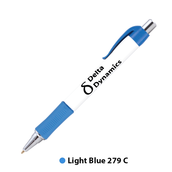 Plunger action plastic ballpoint pen with round design, textured grip and... from ASI 62088 IDProductsource