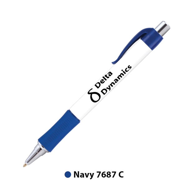 Plunger action plastic ballpoint pen with round design, textured grip and... from ASI 62088 IDProductsource