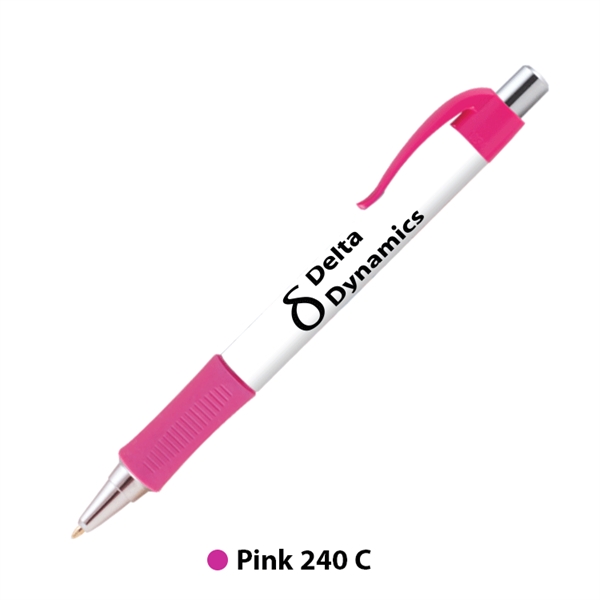 Plunger action plastic ballpoint pen with round design, textured grip and... from ASI 62088 IDProductsource