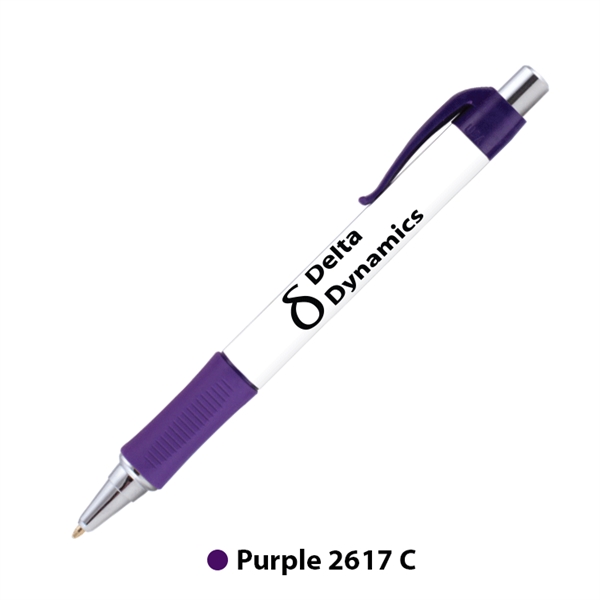 Plunger action plastic ballpoint pen with round design, textured grip and... from ASI 62088 IDProductsource