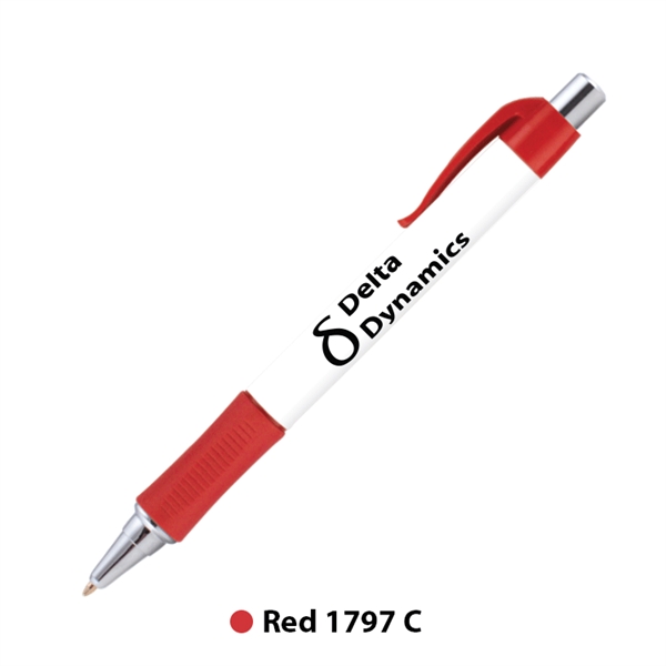 Plunger action plastic ballpoint pen with round design, textured grip and... from ASI 62088 IDProductsource