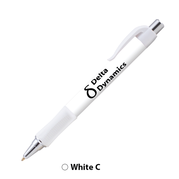 Plunger action plastic ballpoint pen with round design, textured grip and... from ASI 62088 IDProductsource