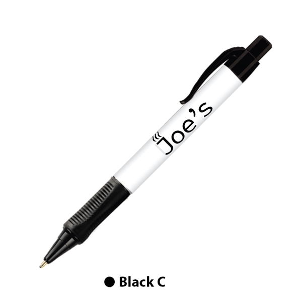 Plastic plunger-action ballpoint pen with colored trim, comfort grip and pocket... from ASI 62088 IDProductsource