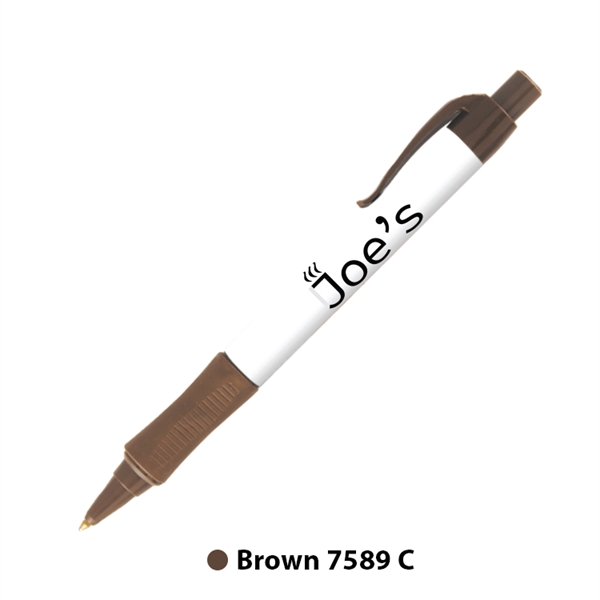 Plastic plunger-action ballpoint pen with colored trim, comfort grip and pocket... from ASI 62088 IDProductsource