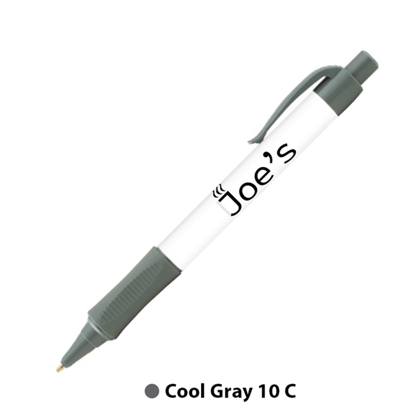 Plastic plunger-action ballpoint pen with colored trim, comfort grip and pocket... from ASI 62088 IDProductsource