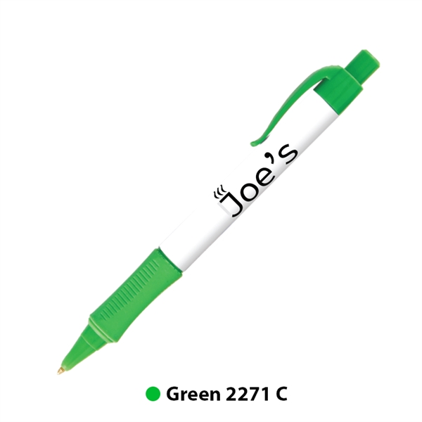 Plastic plunger-action ballpoint pen with colored trim, comfort grip and pocket... from ASI 62088 IDProductsource