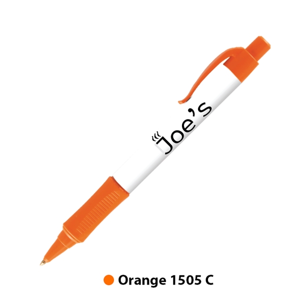Plastic plunger-action ballpoint pen with colored trim, comfort grip and pocket... from ASI 62088 IDProductsource