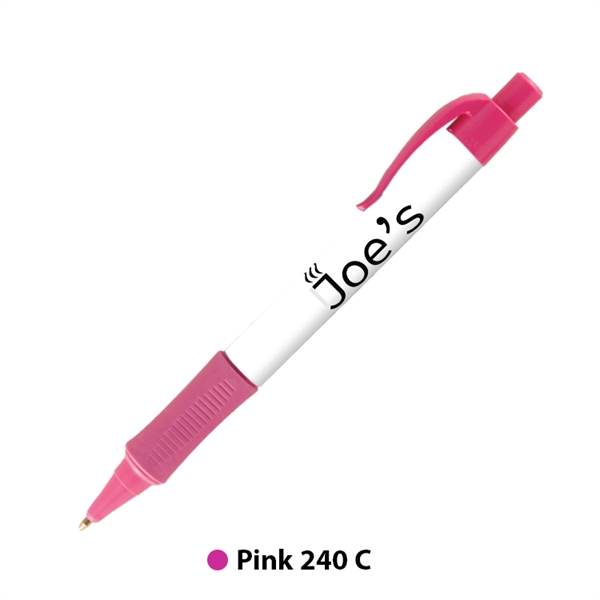 Plastic plunger-action ballpoint pen with colored trim, comfort grip and pocket... from ASI 62088 IDProductsource
