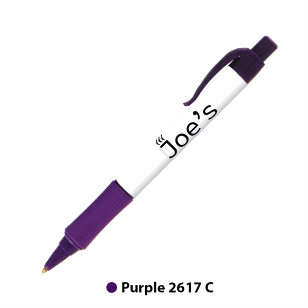 Plastic plunger-action ballpoint pen with colored trim, comfort grip and pocket... from ASI 62088 IDProductsource