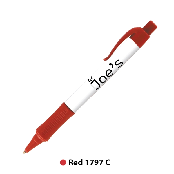 Plastic plunger-action ballpoint pen with colored trim, comfort grip and pocket... from ASI 62088 IDProductsource
