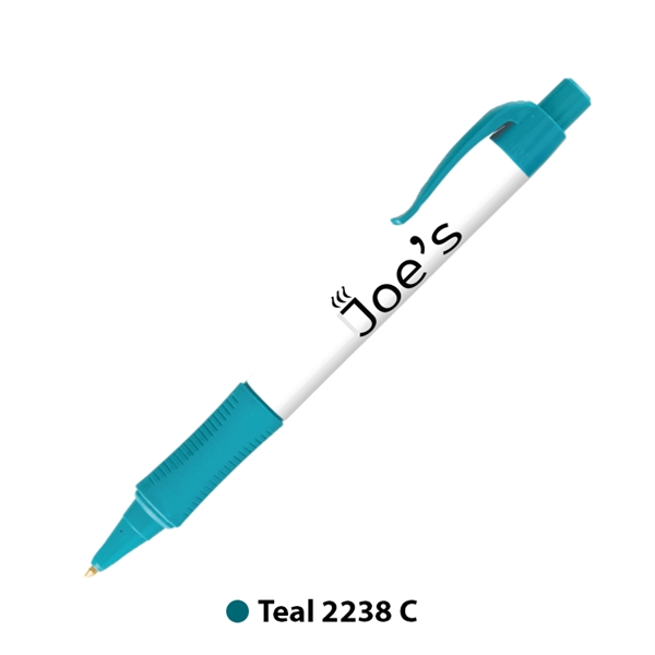 Plastic plunger-action ballpoint pen with colored trim, comfort grip and pocket... from ASI 62088 IDProductsource