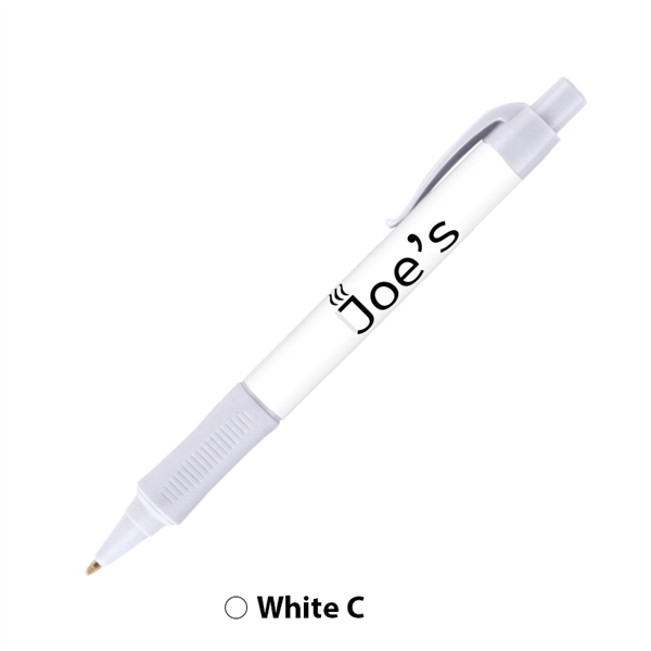 Plastic plunger-action ballpoint pen with colored trim, comfort grip and pocket... from ASI 62088 IDProductsource