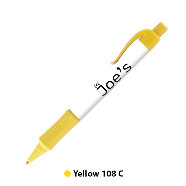 Plastic plunger-action ballpoint pen with colored trim, comfort grip and pocket... from ASI 62088 IDProductsource