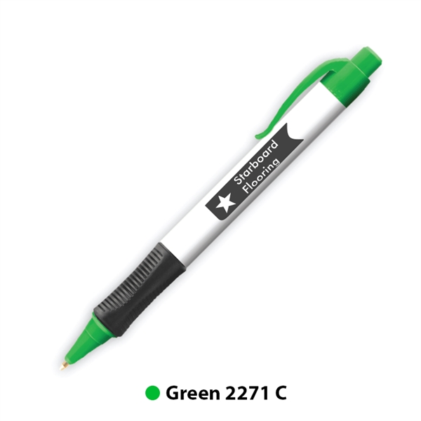 Plastic plunger-action ballpoint pen with colored trim and comfort grip.... from ASI 62088 IDProductsource