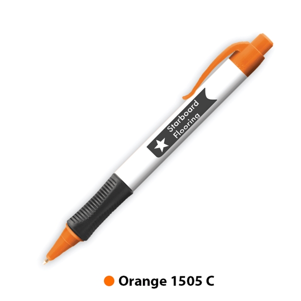 Plastic plunger-action ballpoint pen with colored trim and comfort grip.... from ASI 62088 IDProductsource