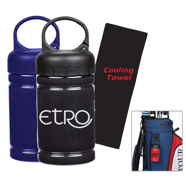 cooling sports towel in a plastic container with a clip.... from ASI 57956 Graphco line