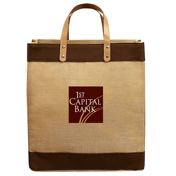 This eco-friendly shopping tote is made of laminated jute with accent... from ASI 79384 Preferred Nation Inc