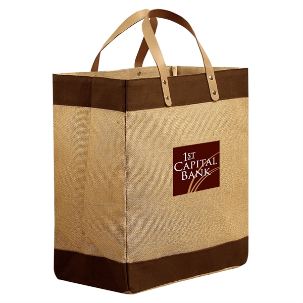 This eco-friendly shopping tote is made of laminated jute with accent... from ASI 79384 Preferred Nation Inc