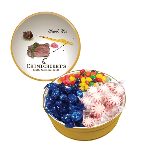 Tin filled with multiple filler options of good gift snacks and... from ASI 61125 Hit Promotional Products