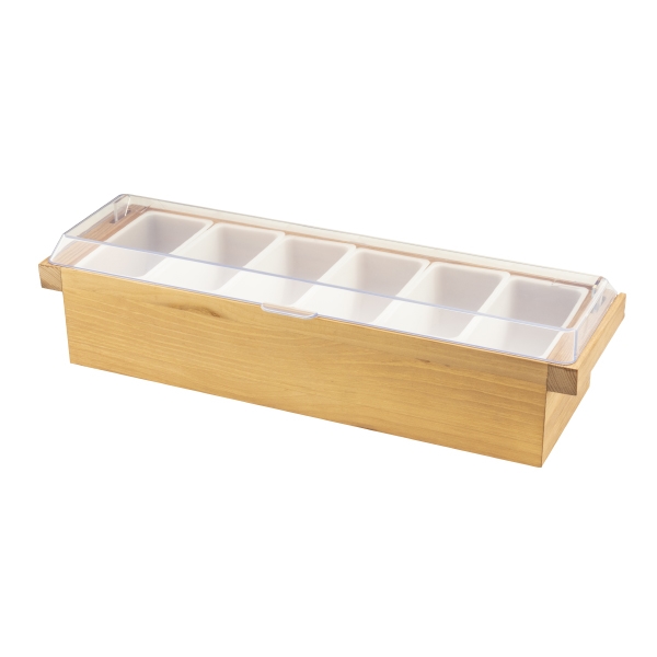 Wooden condiment caddy with blonde stained base, clear hinged lid, six... from ASI 62677 iline PROMO (The Innovative Line) / iline PROMO (The Innovative Line)