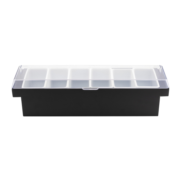 Wooden condiment caddy with black stained base, clear hinged lid, six... from ASI 62677 iline PROMO (The Innovative Line) / iline PROMO (The Innovative Line)