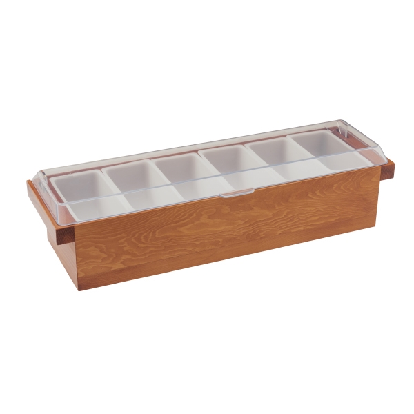 Wooden condiment caddy with cherry stained base, clear hinged lid, six... from ASI 62677 iline PROMO (The Innovative Line) / iline PROMO (The Innovative Line)