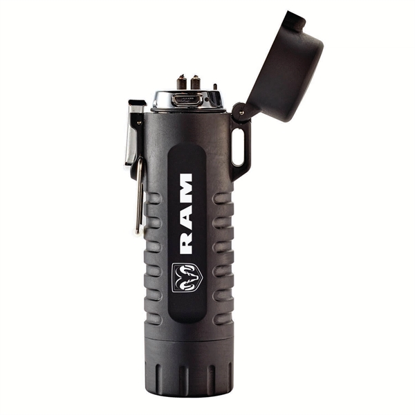 A waterproof, rechargeable, LED flashlight with a built-in electric lighter in... from ASI 46170 Compass Industries Inc