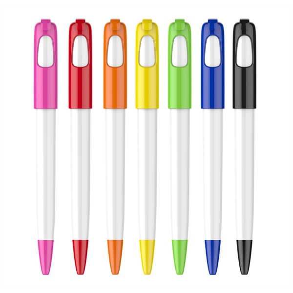 5.79" x .46" plunger-action ballpoint plastic pen with white barrel and... from ASI 37218 Athena Promo (tm)