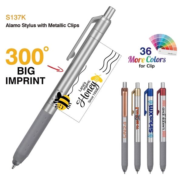 Alamo™ plunger-action pen with a silver barrel, grip, and stylus.... from ASI 82498 RiteLine LLC