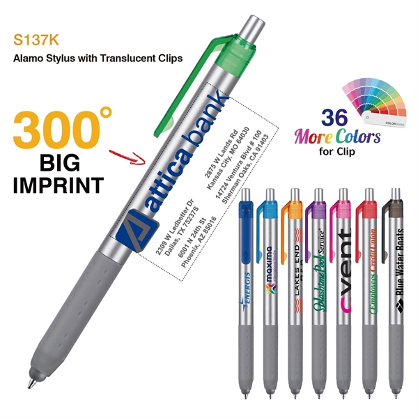 Alamo™ plunger-action pen with a silver barrel, grip, and stylus.... from ASI 82498 RiteLine LLC