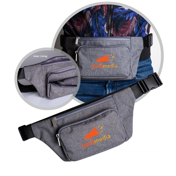 Heathered polyester hip pack with adjustable strap for wearing cross-chest and... from ASI 76730 Peerless Umbrella Co Inc / Threads By Peerless