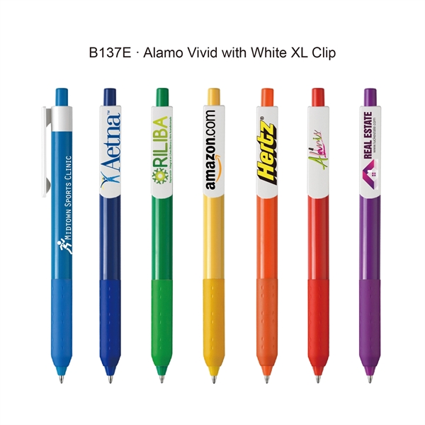 Plastic plunger action ballpoint pen with co-molded soft grip, pocket clip... from ASI 82498 RiteLine LLC