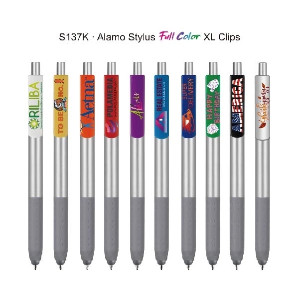 Alamo™ plunger-action pen with a silver barrel, grip, stylus, and XL... from ASI 82498 RiteLine LLC