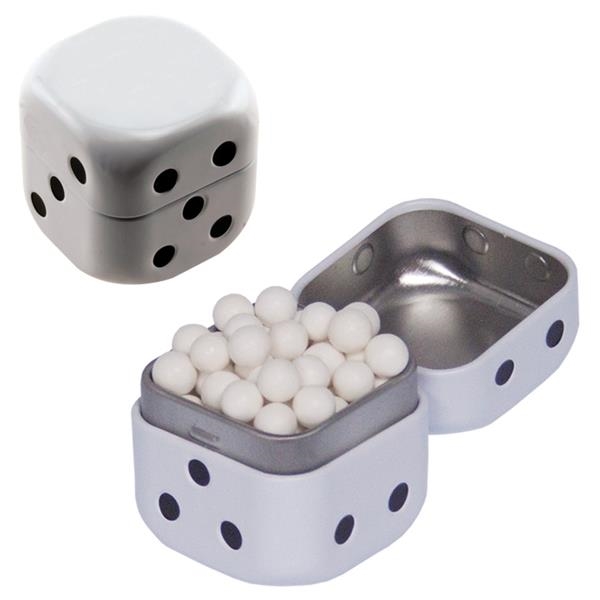 Dice-shaped tin filled with your choice of mints, candy or gum... from ASI 61125 Hit Promotional Products