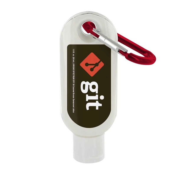 1.9 oz. bottle of SPF 50 sunscreen lotion with carabiner clip.... from ASI 88060 Snugz/USA Inc / SnugZ USA®