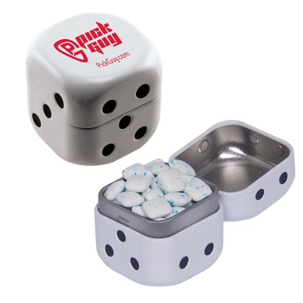 Dice-shaped tin filled with your choice of mints, candy or gum... from ASI 61125 Hit Promotional Products