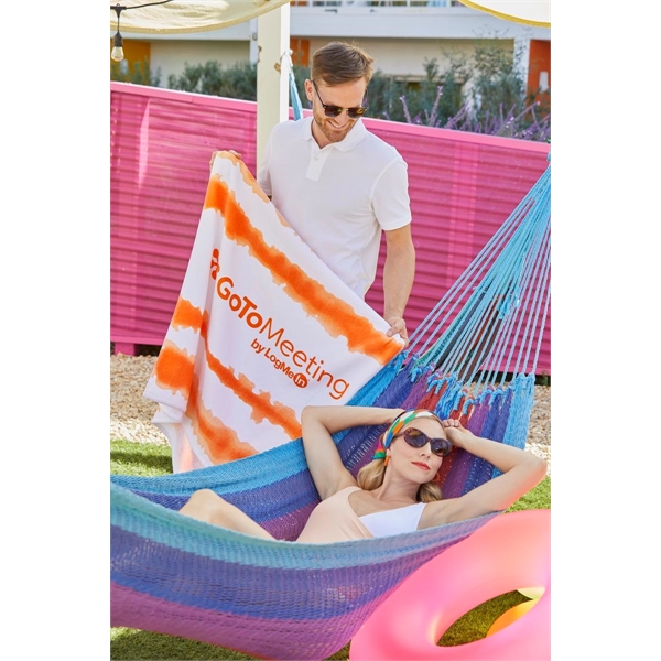 Good Vibes cabana stripe beach towel with multi-tone wave design in... from ASI 91605 Towel Specialties