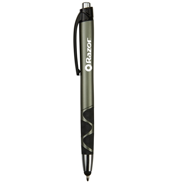 Retractable ballpoint pen with stylus, matte metallic colored barrel, black rubber... from ASI 52840 Evans Manufacturing