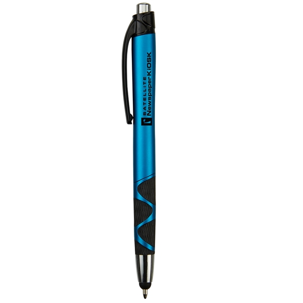 Retractable ballpoint pen with stylus, matte metallic colored barrel, black rubber... from ASI 52840 Evans Manufacturing