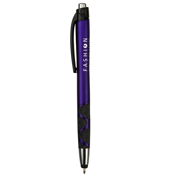 Retractable ballpoint pen with stylus, matte metallic colored barrel, black rubber... from ASI 52840 Evans Manufacturing